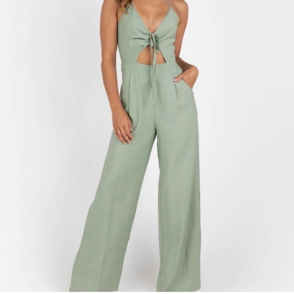 New Kittenish Green Sage Cutout Jumpsuit Bamboo